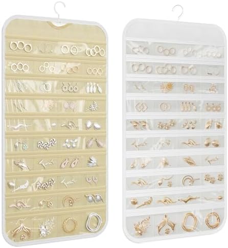 Hanging Jewelry Organizer 80-Pocket Double-Sided, 1-Pack, White and Beige by DonYeco