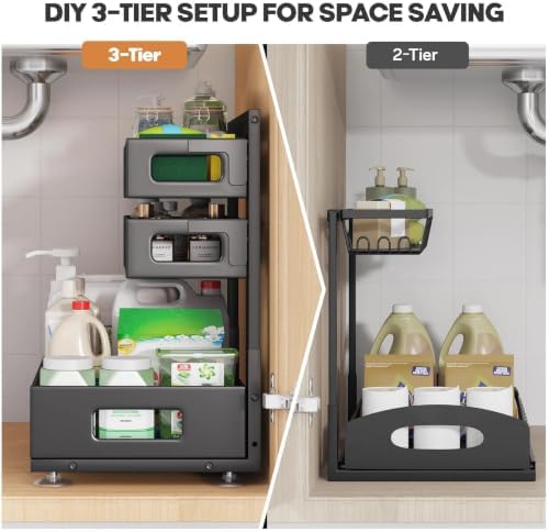 2 Pack 19IN-Depth Under Sink Organizer,Pull Out Cabinet Organizer With Smooth Cylindrical Rail,Metal Slide Out Drawer for Kitchen Bathroom Laundry,8-Level Tool Free Height Adjustable-Black - Image 4