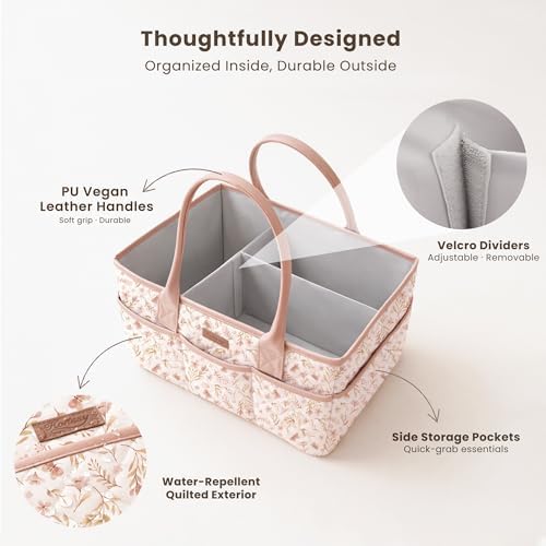Konssy Baby Diaper Caddy Organizer, Floral Design with PU Leather Handles - Image 3