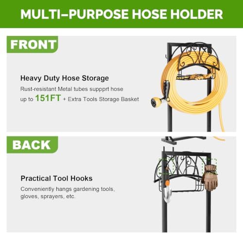 Garden Hose Holder with Storage Basket and Tool Hooks, Heavy-Duty Metal Hose Hanger Garden Hose Storage Holds 151Ft Hose, Rustproof Freestanding Water Hose Holder for Outside, Yard, Lawn - Image 5