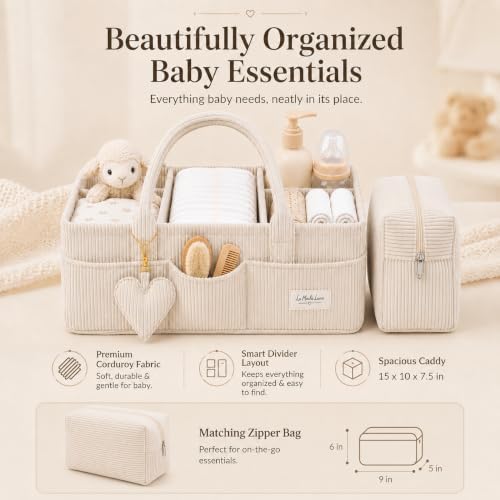Baby Diaper Caddy Organizer with Matching Zipper Pouch, Soft Corduroy Diaper Storage Basket, Nursery Organizer with Removable Divider, Newborn Essentials, Baby Registry Must Have, Gift for Baby Shower - Image 4