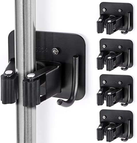 Stainless Steel Broom Holder, Heavy Duty, Rust Resistant, 4 Gripper Positions with 4 Hooks, Black by Unknown