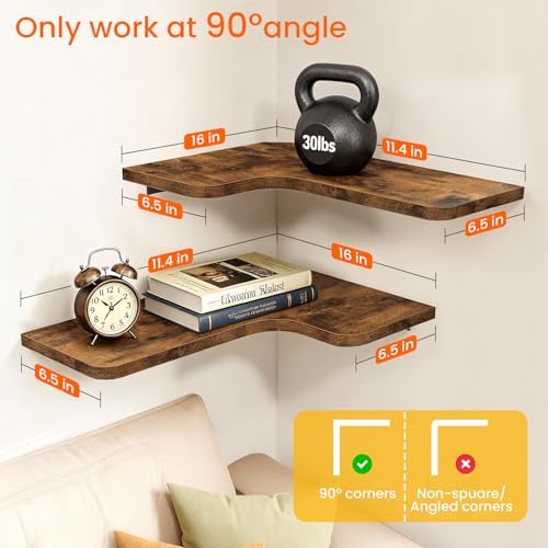 Homode Corner Floating Shelves, Corner Shelves Wall Mounted with Cord Hole, Set of 3 L Shape Wood Wall Storage Shelves for Living Room Bedroom Bathroom Kitchen, Rustic Brown - Image 2