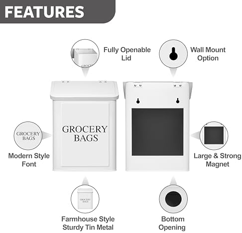 Calindiana Modern Farmhouse Metal Magnetic Grocery Bags Holder for Plastic Bags with LId and Kitchen Organizer and Storage Wall Mount Grocery Bag Dispenser Space Saving, White - Image 5