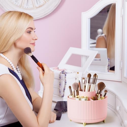 Diesisa Makeup Brush Holder Organizer,360° Rotating Makeup Brush Organizer,5 Slot Make up Brushes Cup for Cosmetics, Nail Polish, Art Supply, Bathroom Vanity Desktop Organizer - Pink - Image 6