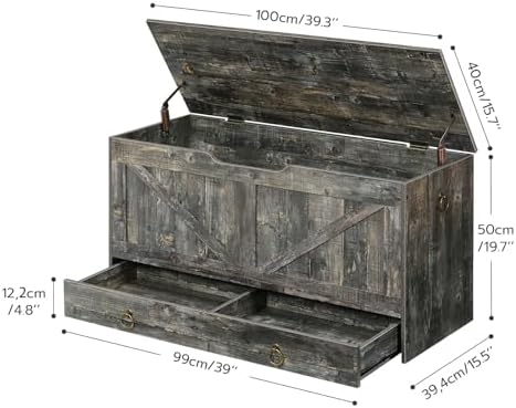 HOOBRO Storage Chest, 39.3" Toy Chest with Drawer, Wooden Storage Bench, Sturdy Entryway Bench Supports 330 lb, Shoe Bench, Safety Hinge, U-Shaped Opening, Easy Assembly, Vintage Gray VP710CW01G2 - Image 3