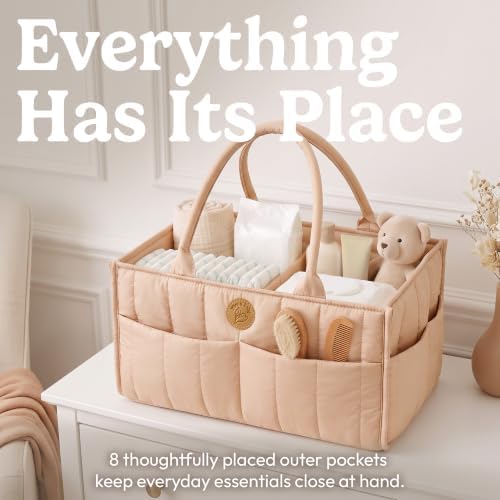Baby Diaper Caddy Organizer - Portable Diaper Caddy with Handles & Removable Dividers - Large & Quilted Nursery Storage Basket for Girls - Changing Table Bag for Car - Gift for Baby Shower - Pink Sand - Image 3