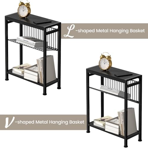 End Table for Small Space, 3-Tier Narrow Side Table with Magazine Holder, Nightstand, Skinny Snack Couch Table in Living Room, Bedroom Study and Balcony (Black) - Image 4
