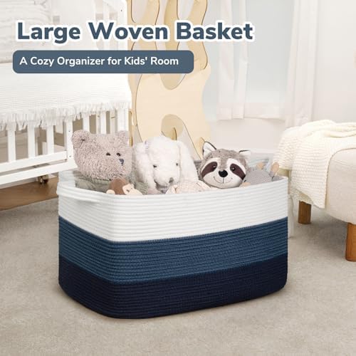 Goodpick Large Woven Rope Blanket Basket, Rectangle, Light Blue - Image 2