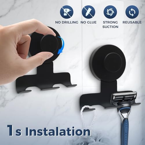 Suction Cup Razor Holder for Shower,Heavy-Duty 7KG Suction Hooks for Razor,Towel,Loofah,Removable Damage-Free Metal Shower Hook,Shaver Holder,2 Pack(Matte Black) - Image 2
