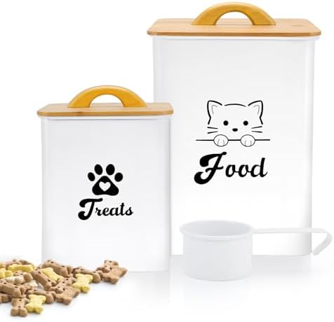 Cat Food Storage Container with Scoop, 2PCS Cat Food Storage Container with Lids Airtight, Cat Treat Jars for Kitchen Counter-7+3Lbs, Cat Cookie Jar for Storage, White by Dekosilave