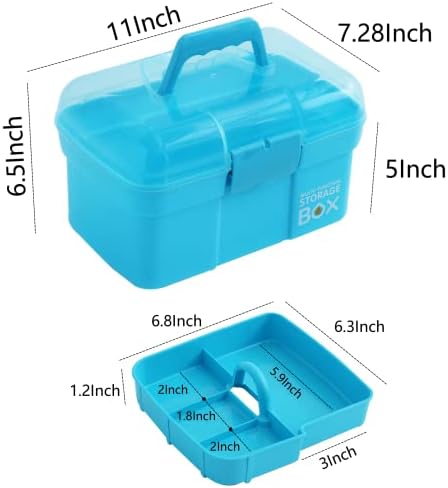 Kinsorcai 11'' Plastic Storage Box with Removable Tray, Multipurpose Organizer and Storage Case for Art Craft and Cosmetic (Blue) - Image 2