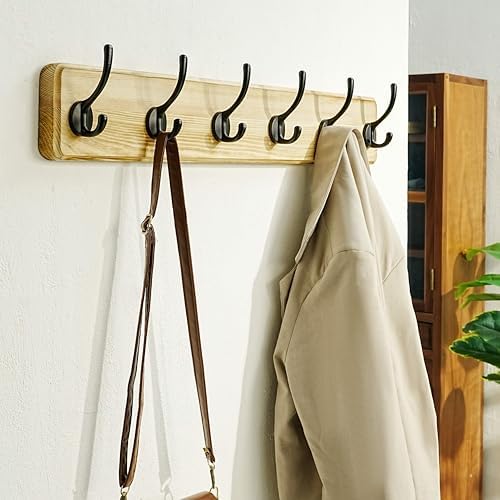 Dseap Coat Rack Wall: 24" Long, Patented, Heavy-Duty, 6-Double-Hooks Wooden Wall Mounted Coat Rack Coat Hanger Hook Rail for Winter Coats Hat Jacket Clothing, Light Brown, Pack of 2 - Image 6