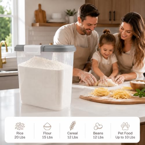 Rice Storage Container 15-20 Lbs, Tall Flour Bin Container with Scoop, Cup - Image 3