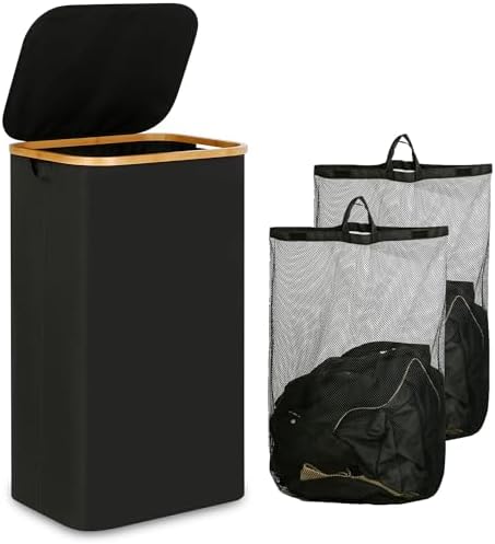 IEGrow Laundry Hamper with Lid,110L Laundry Basket with 2 Mesh Bags,Black by iEGrow
