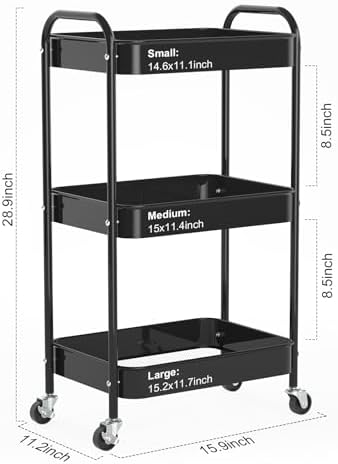 3-Tier Rolling Cart, Metal Utility Storage Carts with Wheels, Black - Image 2