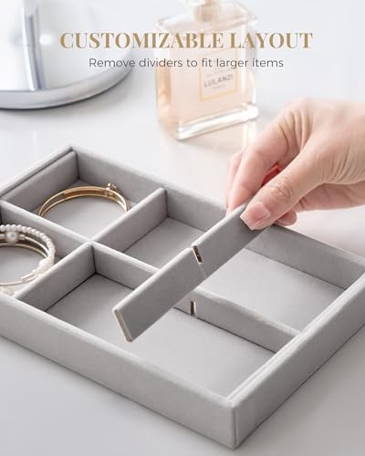 Lolalet Jewelry Drawer Organizer Inserts, Stackable Velvet Tray Jewelry Storage Organizers Set Display Cases for Necklaces Bracelets Earrings Rings Chains Bangles Watches, Grey, Set of 4 - Image 6