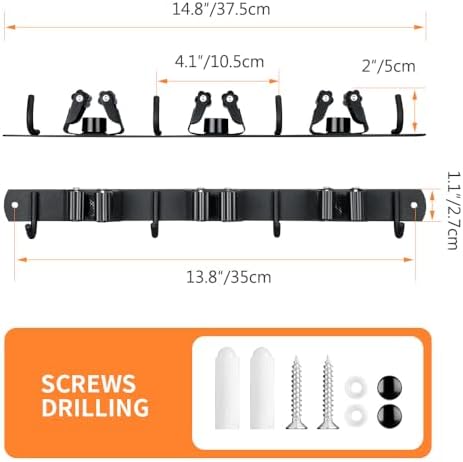 JAMEND CLXP Broom Hanger and Mop Holder, Heavy Duty Garden Tool Organizer Rack Rake and Shovel Handle, Stainless Steel Wall Mounted Utility Rack with Screws (3 Racks with 4 Hooks, Matte Black). - Image 7