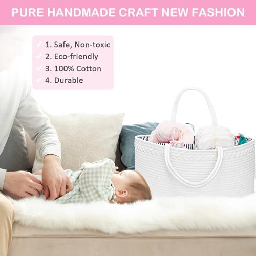 X-Large Baby Diaper Caddy Organizer, Cotton Rope Nursery Storage Basket - Image 3