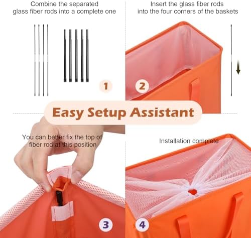 Odonata Slim Laundry Hamper Handles Collapsible Laundry Basket Thin Dirty Clothes Basket Narrow Laundry Bag Foldable Dirty Hamper 45L (Orange) - Image 3