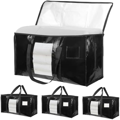 4 Pack Extra Large Moving Bags Heavy Duty 180GSM,130LBS 100L Totes with Visible Window, Zippers & Wrap-Around Handles, Waterproof Reusable, Alt to Moving Boxes, Black by Unknown