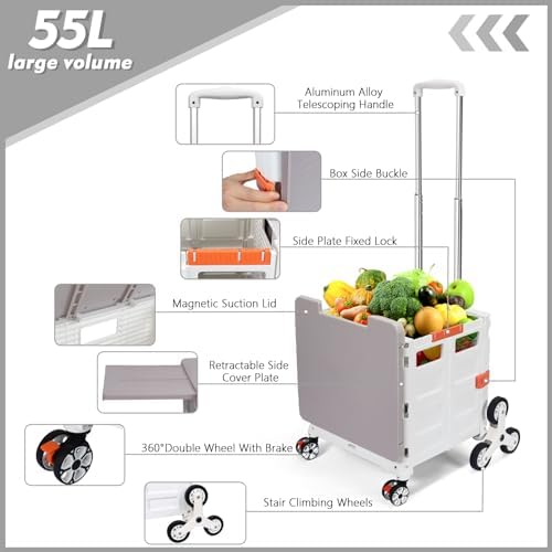 Foldable Utility Cart with Stair Climbing Wheels,Collapsible Rolling Crate with Magnetic Lid Telescopic Cover,Telescoping Handle,360° Rotate Wheel Hand Cart for Teacher Shopping Moving(Milky White) - Image 3
