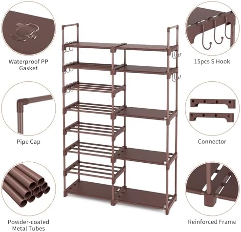 ROJASOP Shoe Rack Organizer, 8-Tier Metal Shoe Rack for Closet Entryway Garage, 26-32 Pairs Tall Shoe Boot Storage Shelf with 15 Hooks, Stackable Large Shoe Stand, Brown - Image 5