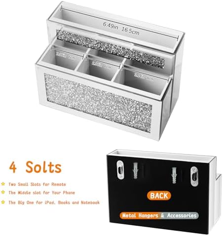 Mirrored Remote Control Holder, Crushed Diamond TV Remote Holder Wall Mount, Desk Organizers and Accessories for Phone, Pad, Pen and Pencil, Remote Caddy - Image 2