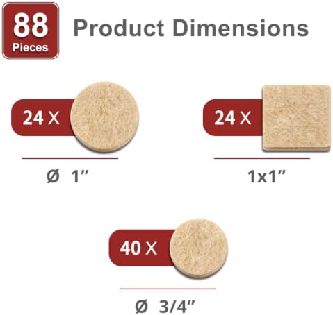 GICUNK 88 Pcs Felt Furniture Pads Chair Leg Floor Protectors, Beige - Image 3