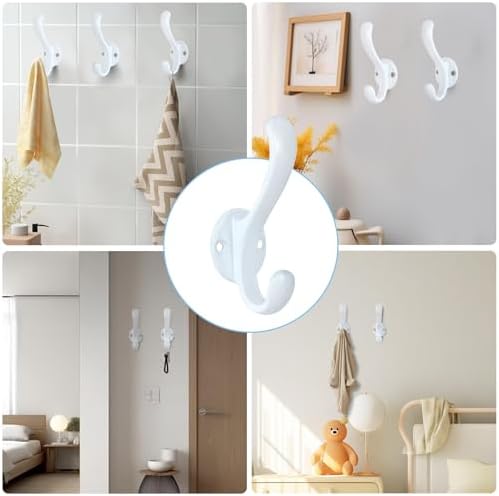 6 Pack Coat Hooks Wall Mount Heavy Duty Utility Retro Double Hooks for Hanging Coats,Hat, Towel, Key, Robe, Scarf, Bag, Cap (White) - Image 2