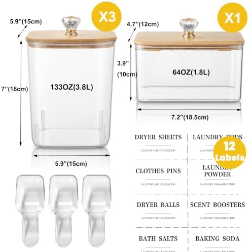 4 Pack Clear Laundry Pods Container & Dryer Sheet Holder Set with Lid, Laundry Containers with Scoops & Labels, Laundry Room Organization and Storage for Laundry Detergent, Pods, Powder, Beads - Image 5