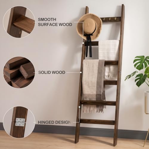 TEAKMAMA 6-Tier 5.4ft Blanket Ladder with Hooks Farmhouse Rustic Brown - Image 4