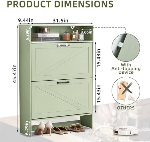 RWYHG Shoe Cabinet with 2 Flip Drawers, Narrow Entryway Organizer,Green - Image 2