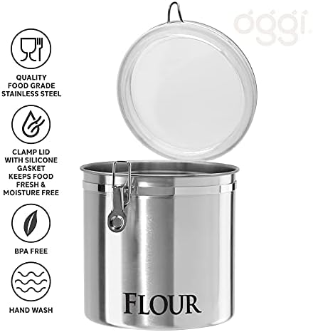 Oggi Stainless Steel Kitchen Canister 152oz + Oggi Jumbo 8" Stainless Steel Flour Clamp Canister - Image 7