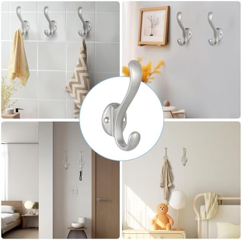 8 Pack Coat Hooks Wall Mount Heavy Duty Utility Retro Double Hooks for Hanging Coats,Hat, Towel, Key, Robe, Scarf, Bag, Cap (Silver) - Image 2