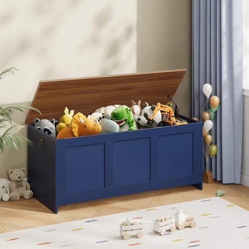 HOOBRO Storage Bench, 39.3" Retro Wooden Storage Chest, Wooden Storage Trunk, Toy Chest with Lift Top, Multifunctional Entryway Organizer, for Entryway, Living Room, Blue and Walnut UH141CW01G1 - Image 2