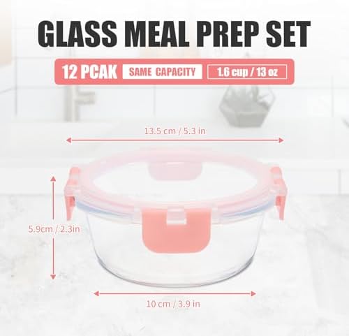 GULFLIN 12pack, 13oz Small Glass Food Storage Containers with Lids, Pink - Image 2
