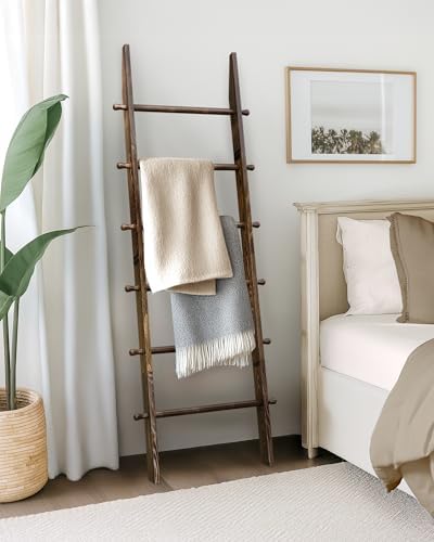 TEAKMAMA 6-Tier 5.4ft Blanket Ladder with Hanging Knobs Rustic Brown - Image 2