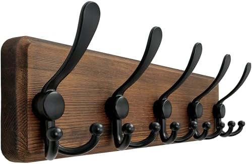 Dseap Coat Rack Wall Mounted - 5 Tri Hooks, Heavy Duty, Wooden Wall Coat Hanger Coat Hook for Clothes Hat Jacket Clothing, Natural & Black by Dseap