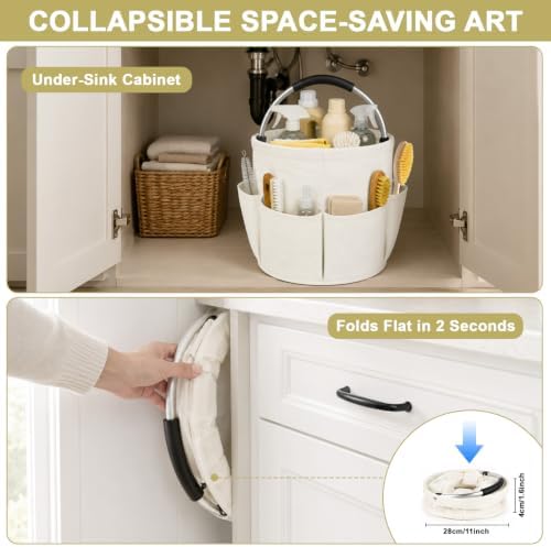 Premium Cleaning Caddy with Handle | Large Capacity Cleaning Supply Caddy with Deep Side Pockets | Collapsible Organizer Bag for Car Wash Supplies and Garden Tools (White) - Image 3