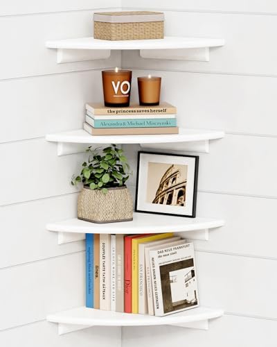 Forbena Corner White Floating Book Shelves for Wall Set of 4, Wood Nursery Corner Bookshelf for Kids Bedroom, Large Modern Round Wall Bookshelves for Living Room Decor, Indoor Plants, Bathroom by Forbena