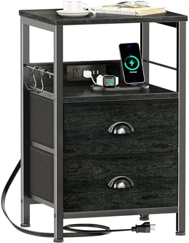 Furologee Nightstand with Charging Station for Bedroom, 2 Fabric Drawers by Furologee