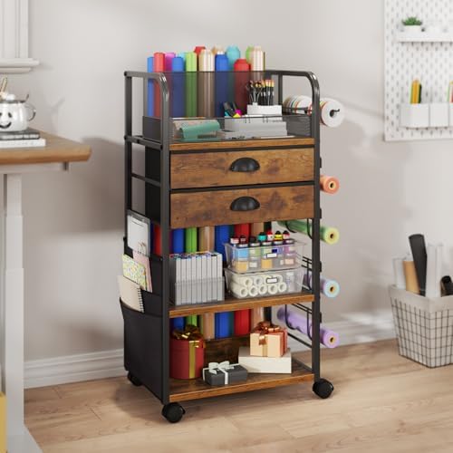 Wrapping Paper Storage Cart with 2 Fabric Drawers, Side Pockets and Hooks - Image 2
