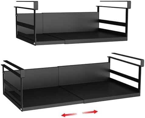 Expandable Under Cabinet Shelf Organizer with 0.94-Inch Thick Clips, Heavy Duty Extendable Under Shelf Storage Basket for Pantry or Laundry Room, Black, 2 Pack, Interior: 4.13" H x 8.54" D by SHINEWON