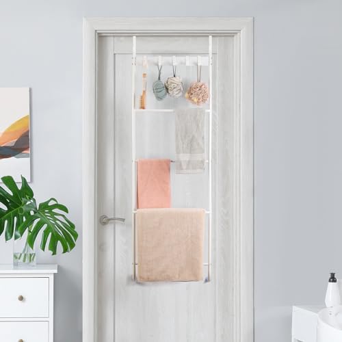 Over The Door Towel Rack 5 Tier Over The Door Towel Bar for Bathroom Towel Holder Over Door Hanger with Hooks Large Metal Towel Blanket for Bedroom Dorm Door (White) - Image 7