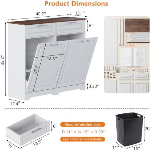 Double 10 Gallon Tilt Out Trash Can Cabinet with Deodorizing Function and Power Outlet, Wooden Hidden Garbage Can Holder with 2 Storage Drawers for Kitchen, Laundry Hamper Cabinet for Bathroom, White - Image 2