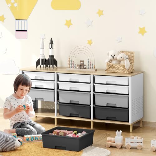 TOOLF 12 Drawers Storage Cabinet with Wooden Top and Plastic Bins, Grey - Image 7