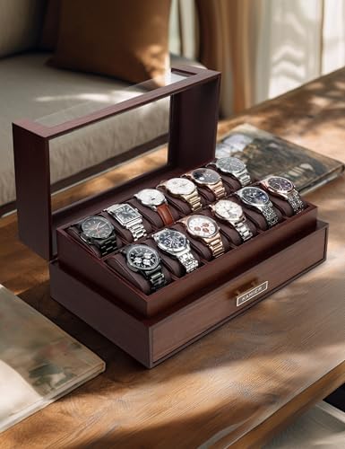 KAMIER High End Watch Box for Men, 12 Slot Wooden Watch Case With Drawer - Image 6