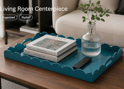 Gesodant Scalloped Glossy Plastic Lacquer Decorative Tray, 15.7 x 11.8 Inch Rectangle Serving Tray with Handles for Coffee Table, Ottoman, Bedroom Vanity, Living Room Centerpiece (Teal Blue) - Image 4