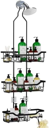 Adjustable Shower Caddy Hanging, Extended Length Organizer Over Shower Head, 3 Tier Long Neck Shower Rack with Soap Holder for Large Storage, Black by Joqixon